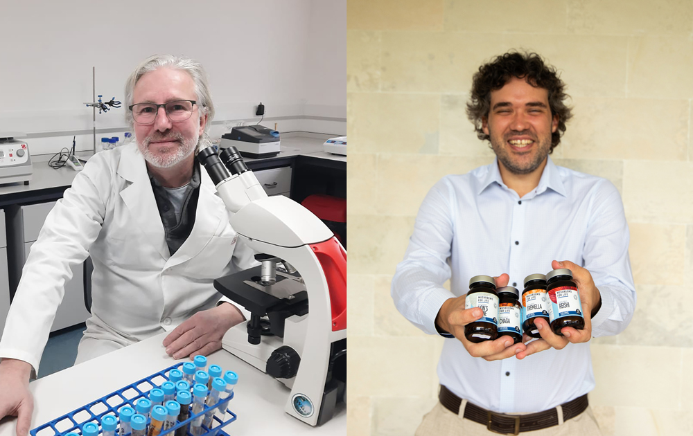 Split image: on the left, an older man in a lab coat sitting by a microscope and test tubes in a laboratory; on the right, a smiling man in a shirt holding several supplement bottles out towards the camera. Planet Paleo, Mushrooms For Life, Botanicals For Life.